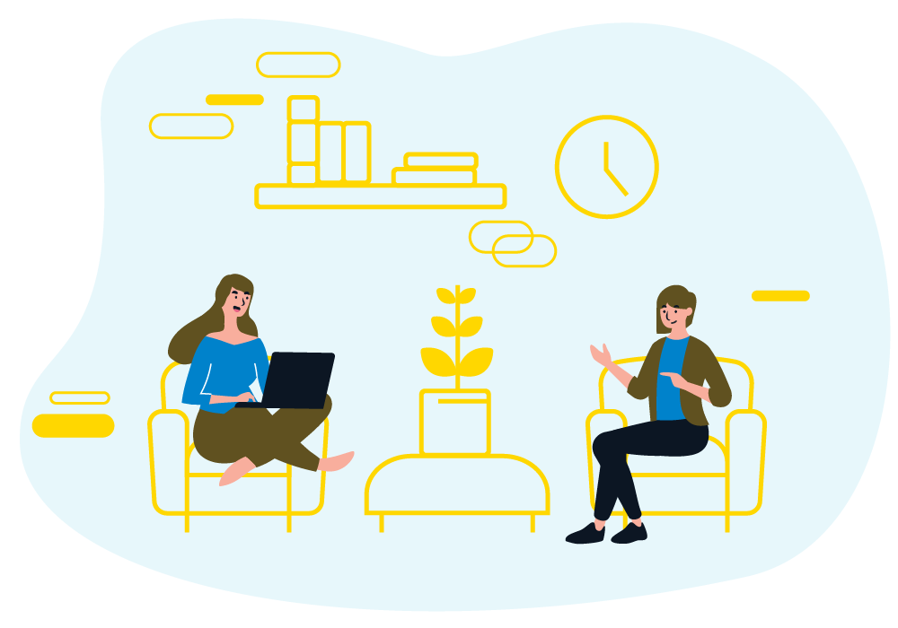 Takeoff Monkey illustration for seeking support to maintain one's mental health. Two individuals sitting talking to one another.