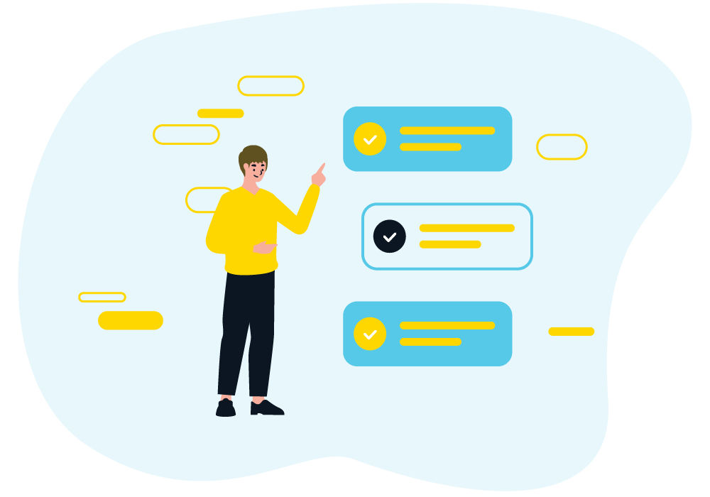 Takeoff Monkey illustration individual standing pointing to task list